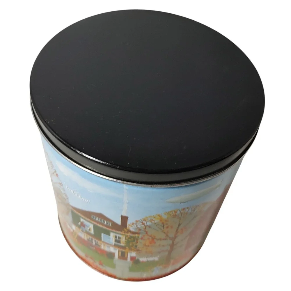 Vintage Trails End Autumn Tin Canister Fall Leaves and Houses Neighborhood Round